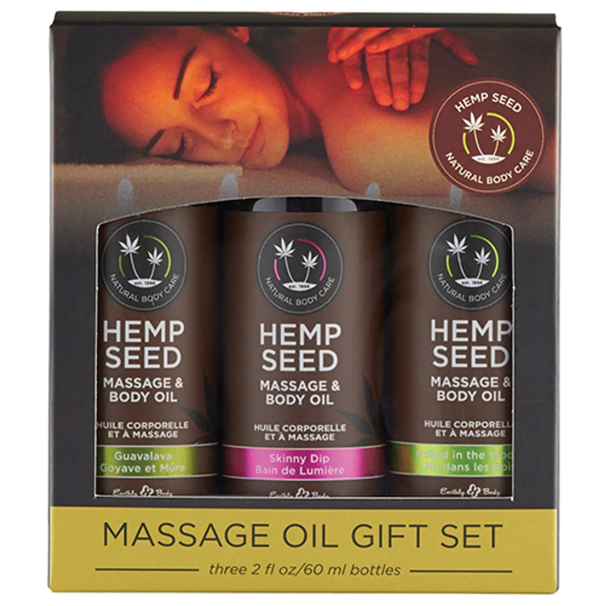 Earthly Body Hemp Seed Massage Oil Gift Set - Skinny Dip, Naked in the Woods & Guavalava