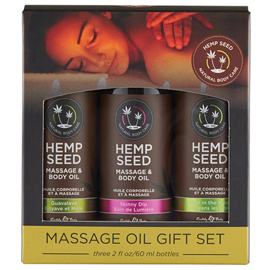 Earthly Body Hemp Seed Massage Oil Gift Set - Skinny Dip, Naked in the Woods & Guavalava