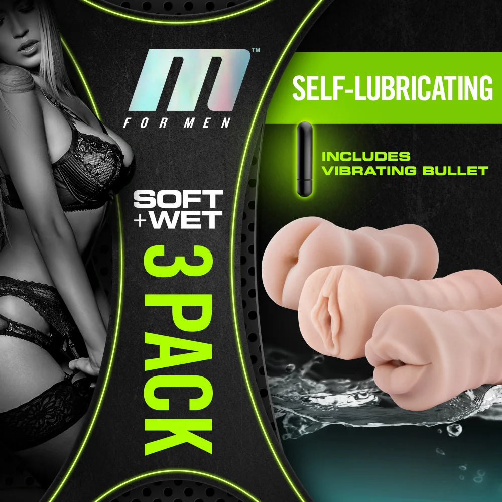 M For Men Soft & Wet 3-Pack Self-Lubricating Vibrating Strokers – Vanilla